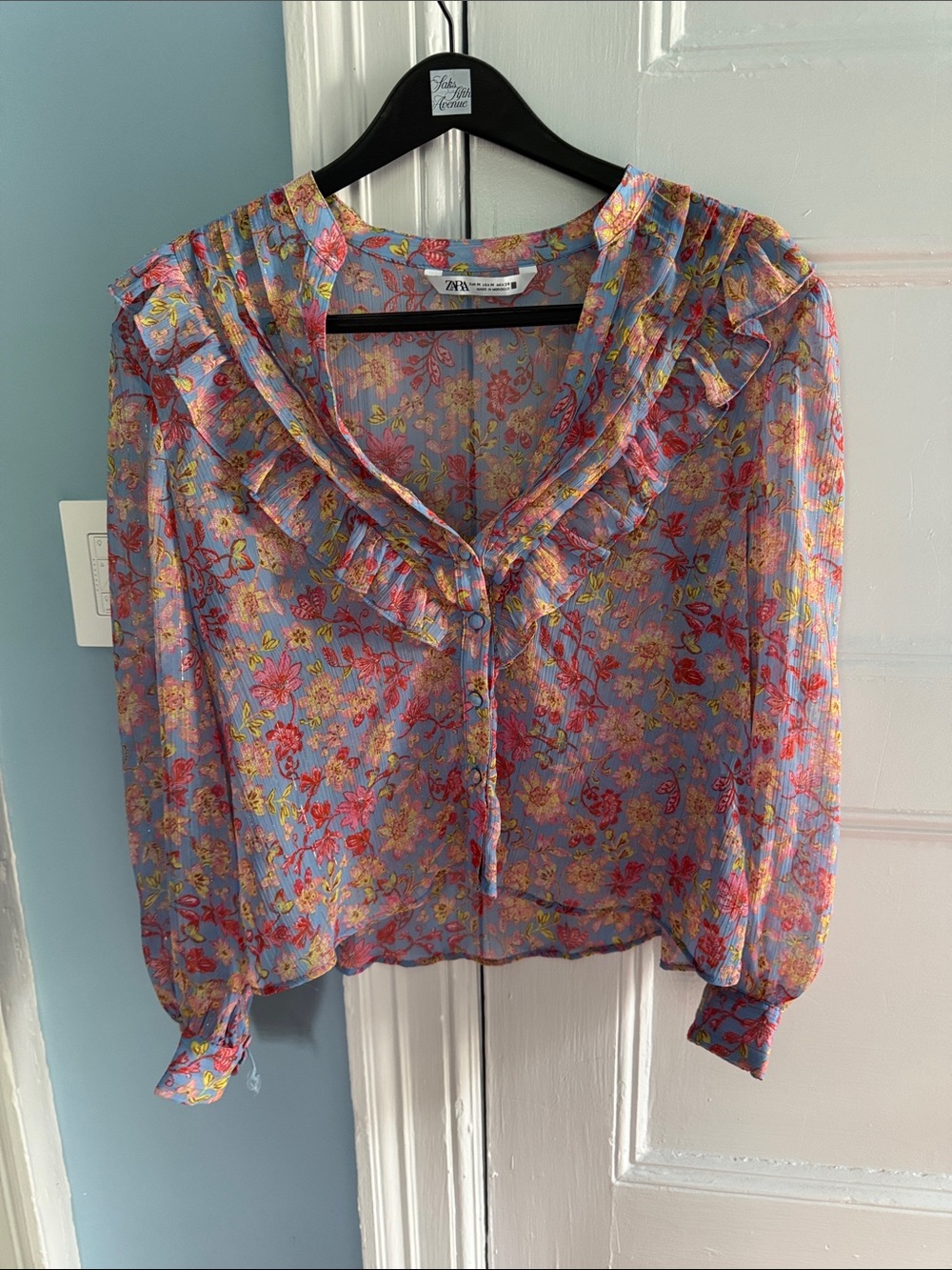 Zara Lavender Floral Ruffle Blouse with Pink & Yellow Accents
